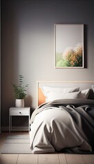 Bedroom: bed, comfortable, furniture, pillows, interior, deco, bedside table, rug, empty, blank, nobody, no people, photorealistic, illustration, Gen. AI
