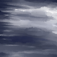 Dark sky watercolor background in blue colors. Dramatic autumn sky with stormy clouds. Abstract illustration