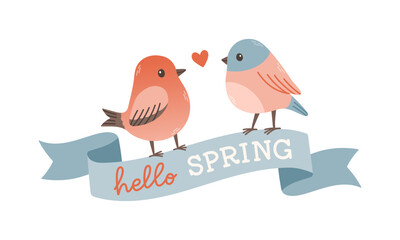Spring label with season quotes, bird, ribbon. Hand drawn spring vector illustration.