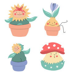 Set of cartoon flowers on white background.