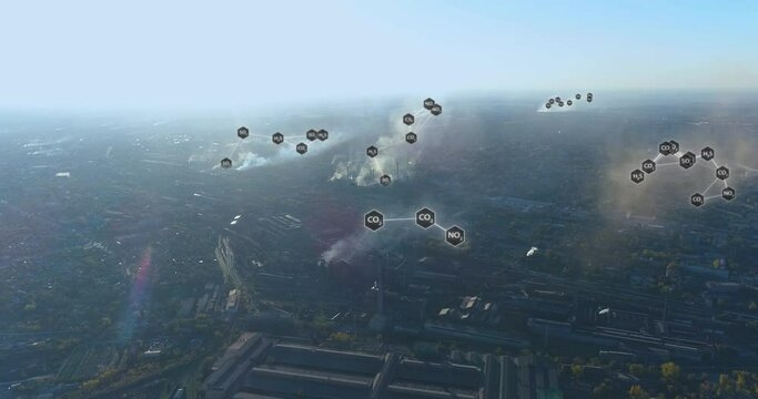 The concept of emissions into the atmosphere. Hazardous chemicals fly out of the factory chimney, visualization process. Flight around the Pipe with dangerous emissions into the atmosphere.