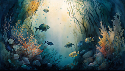 Fototapeta na wymiar Watercolor painting of an Ocean Coral Reef - Ai Generated #4