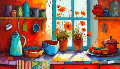 paint like illustration of cute kitchen design, Generative ai
