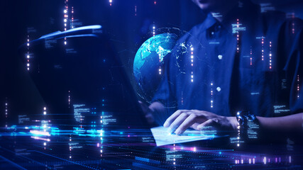 Digital cybersecurity technology protects data from threats. concept of the person using a computer connected to an internet network to search global online information on dark blue background.