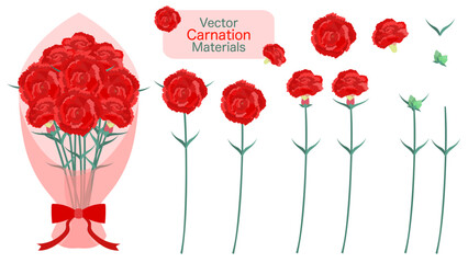 Fototapeta na wymiar 赤いカーネーションの花の素材。花や蕾、花束。フラットなベクターイラストセット。 Red carnation flowers material set. Flowers, buds and a bouquet. Flat designed vector illustrations.