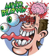 Mind-blowing excited man head exploding eyes popping out vector cartoon illustration  - obrazy, fototapety, plakaty