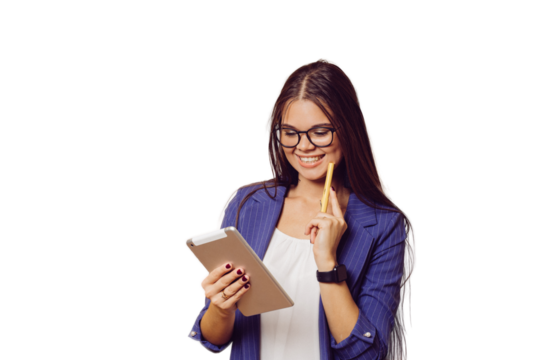 Adorable brunette in glasses with long hair dressed in dark blue suit cute smiling, holding tablet, looks happy, makes video call, over transparent background with copy space. People sincere emotions