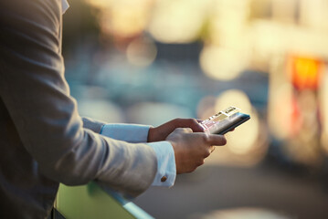 Hands, phone and futuristic business person with hologram screen typing for UI on the internet, website or web. Closeup, technology and a corporate searching in 3D online with digital connection app
