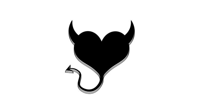 Black Devil heart with horns and a tail icon isolated on white background. Valentines Day symbol. 4K Video motion graphic animation