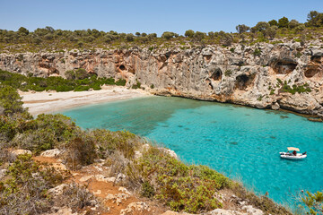 Obraz premium Turquoise waters in Mallorca. Pilota cove. Mediterranean coastline. Balearic islands