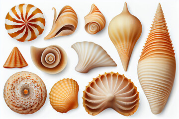 Collection of seashells and starfish isolated on white background