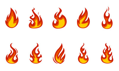 Set of burning fire flames isolated on white. Vector illustration.