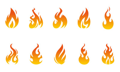 Set of gradient fire flames isolated on white. Vector illustration.