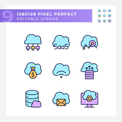 Access to data on cloud based resources pixel perfect RGB color icons set. Computing system features. Isolated vector illustrations. Simple filled line drawings collection. Editable stroke