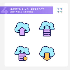 Obraz premium Data exchange via cloud resources pixel perfect RGB color icons set. Upload and download files on storage. Isolated vector illustrations. Simple filled line drawings collection. Editable stroke