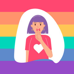 LGBT Day of Silence. A woman with a closed, taped mouth, raising her finger to her lips, signifying silence