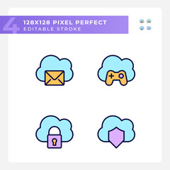 Obraz premium Purposes of cloud computing pixel perfect RGB color icons set. Online servers in multiple spheres. Isolated vector illustrations. Simple filled line drawings collection. Editable stroke