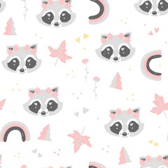 Seamless Pattern. Repeating illustration designed for Girls with cute Racoons and Rainbows.