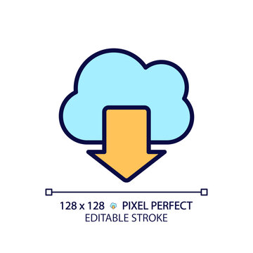 Download data from cloud based storage pixel perfect RGB color icon. Free access to information on internet. Isolated vector illustration. Simple filled line drawing. Editable stroke