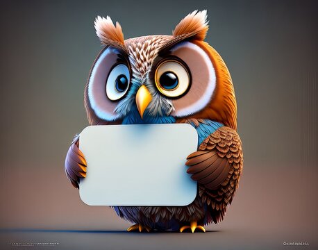 Best Photo Cute Cartoon Owl Character Holding a Blank Sign Background AI