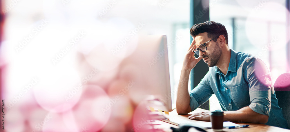 Poster stress, headache and businessman on computer with banner, bokeh and mockup. tired worker, burnout an