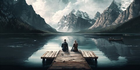 un couple d'amoureux est assis au bout d'un ponton en bois et admire le paysage de lac et de montagnes en arrière-plan - illustration ia - obrazy, fototapety, plakaty