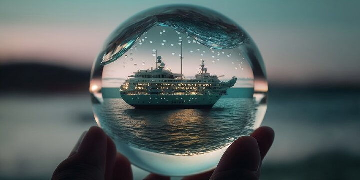 une femme imagine ses futurs vacances en voyant un yacht de luxe dans une boule de cristal posée dans sa main - illustration ia