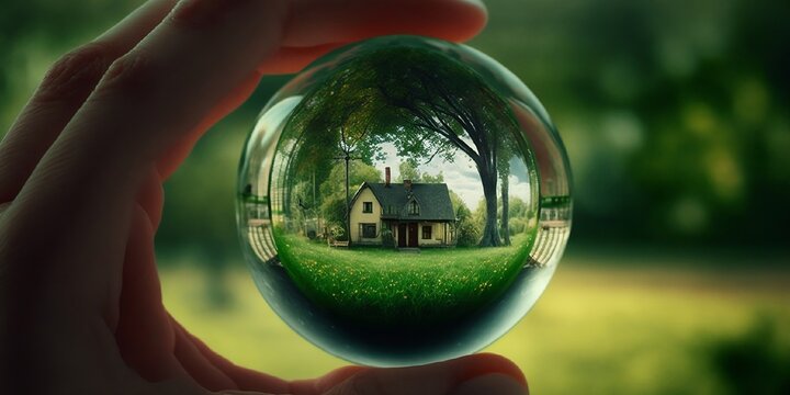 Dans une boule de cristal, une femme imagine voir sa future maison à l'intérieur, dans un environnement naturel - illustration ia