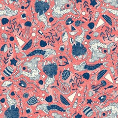 Seamless Pattern. Sailors style background with Mermaids, Turtles, Ships und Fishes.
