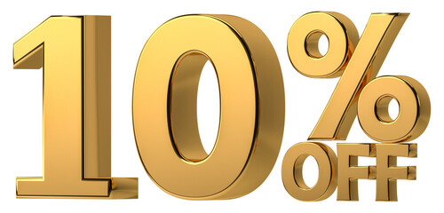 3d golden 10% off discount isolated on transparent background for sale promotion. Number with percent sign. Include png format