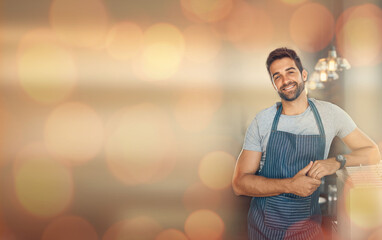 Small business owner, cafe mockup and portrait of man, bokeh and confident smile in restaurant...