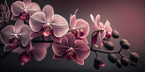 Fototapeta na wymiar Schöne rosa Orchideenblüten auf sosa Hintergrund mit weichem Fokus, Generative AI 