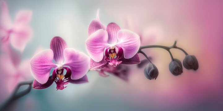 Sch&ouml;ne rosa Orchideenbl&uuml;ten auf sosa Hintergrund mit weichem Fokus, Generative AI 