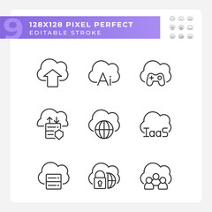 Cloud based service for data processing pixel perfect linear icons set. Storage information on internet. Customizable thin line symbols. Isolated vector outline illustrations. Editable stroke