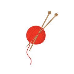 Dark orange knitting wool with wooden needles isolated on white background. Cartoon vector illustration.