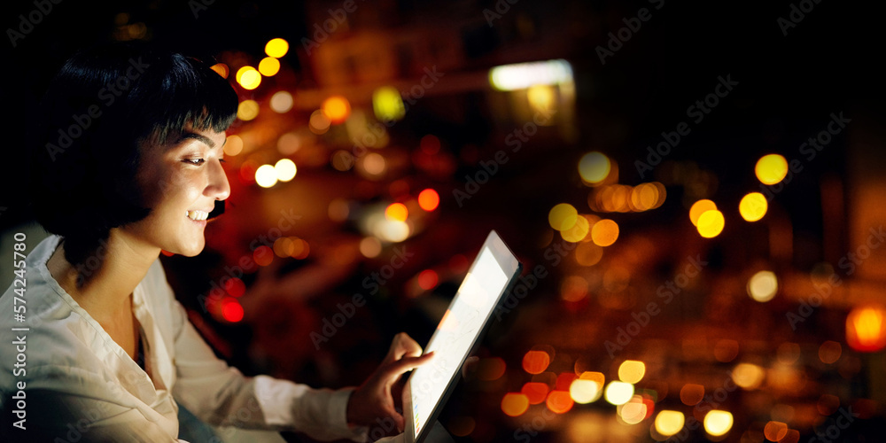 Poster mockup, night and tablet screen with woman on rooftop for research, social media and networking app.