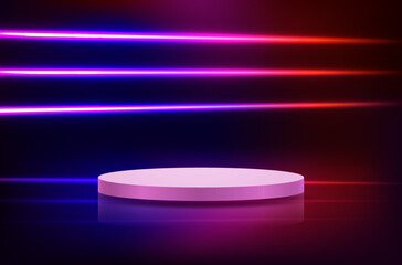 Realistic round podium on bright abstract neon dark background.