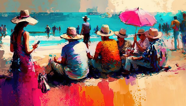 paint like illustration of crowd of people at summer beach, idea for artistic background wallpaper, Generative Ai