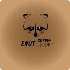 An image of racoon logotype at light brown background and with inscription enot coffee studio