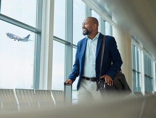 Black man, business and travel at airport on airplane for professional trip, journey or flight....
