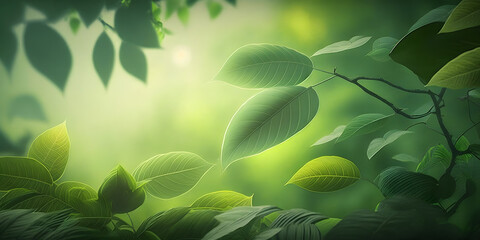 Fototapeta na wymiar green tree leaves in the forest sun. Spring Banner Background, Illustration generativ ai 