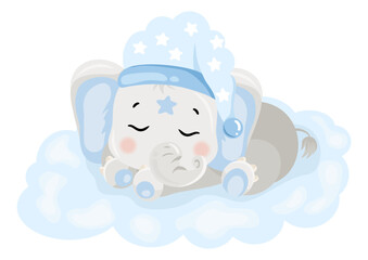 Obraz na płótnie Canvas Cute baby blue elephant sleeping on cloud