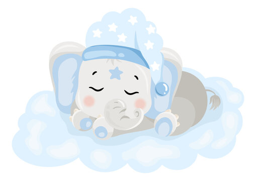 Cute baby blue elephant sleeping on cloud