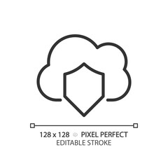 Cloud security pixel perfect linear icon. Internet dataset protection. Safe information storage online. Thin line illustration. Contour symbol. Vector outline drawing. Editable stroke