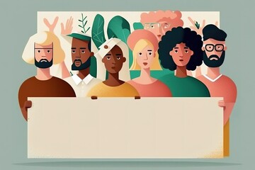 Multiethnic group of people holding banner in blank for copy space. International Day of Elimination of Racial Discrimination concept. Generative AI illustration - obrazy, fototapety, plakaty