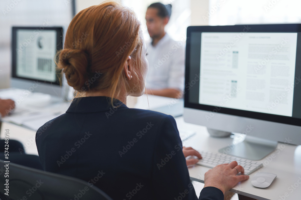 Poster back, business woman and computer for planning, data analysis or internet technology in office. fema