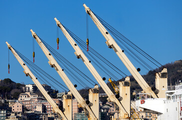GENOA, ITALY, FEBRUARY 2, 2023 - Detail of the cranes of the Vega Everest industrial ship from...