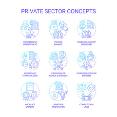 Private sector blue gradient concept icons set. Business and property ownership. Economics industry idea thin line color illustrations. Isolated symbols. Roboto-Medium, Myriad Pro-Bold fonts used