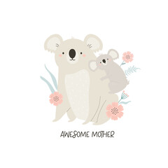 Vector illustration of cute young koala and his mom. Adorable print with animals for kids in a modern flat style. © danceyourlife