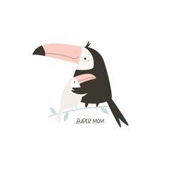 Vector illustration of cute young toucan embracing his mom. Adorable print with animals for kids in a modern flat style.